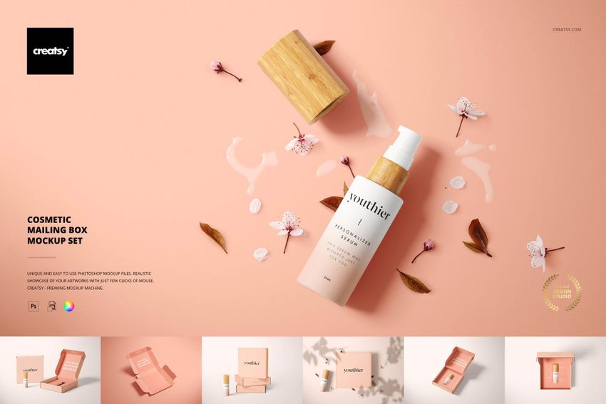 Front view of a peach-colored cosmetic box and bottle mockup, surrounded by flowers and minimal accessories.