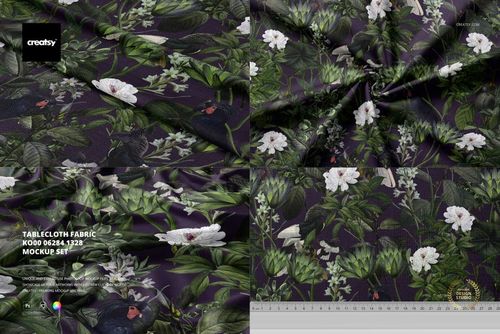Tablecloth fabric with a botanical pattern featuring green leaves and white flowers, shown in four mockup views.