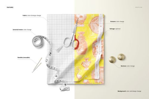 Folded cotton fabric mockup displayed from a top view, featuring yellow and white patterns, scissors, buttons, and measuring tape.