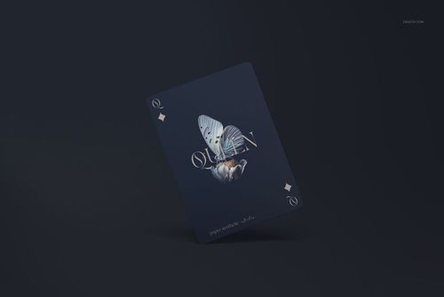 Single playing card mockup with a dark blue background, featuring a butterfly and teacup graphic on the card face.