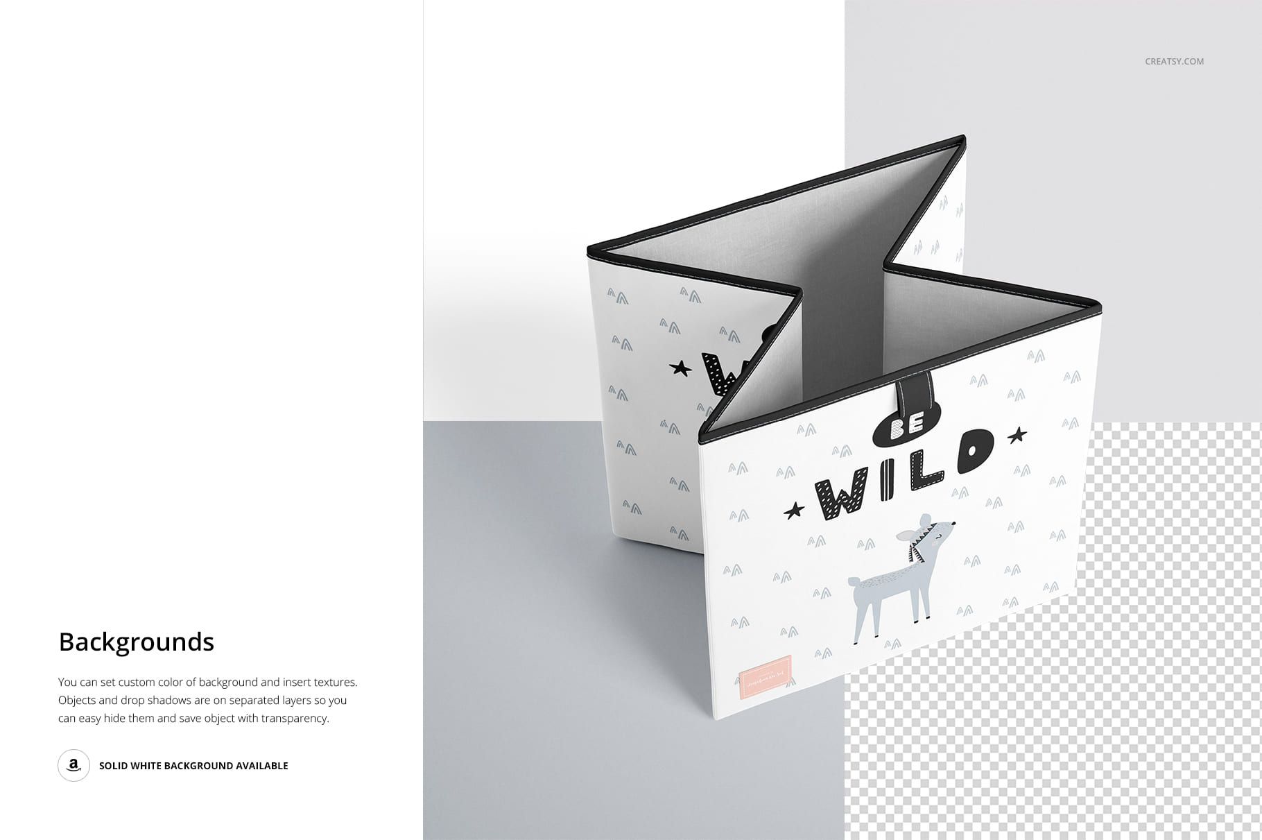 Mockup of a folding storage box featuring playful animal graphics and a bold 'Be Wild' text, viewed from above.