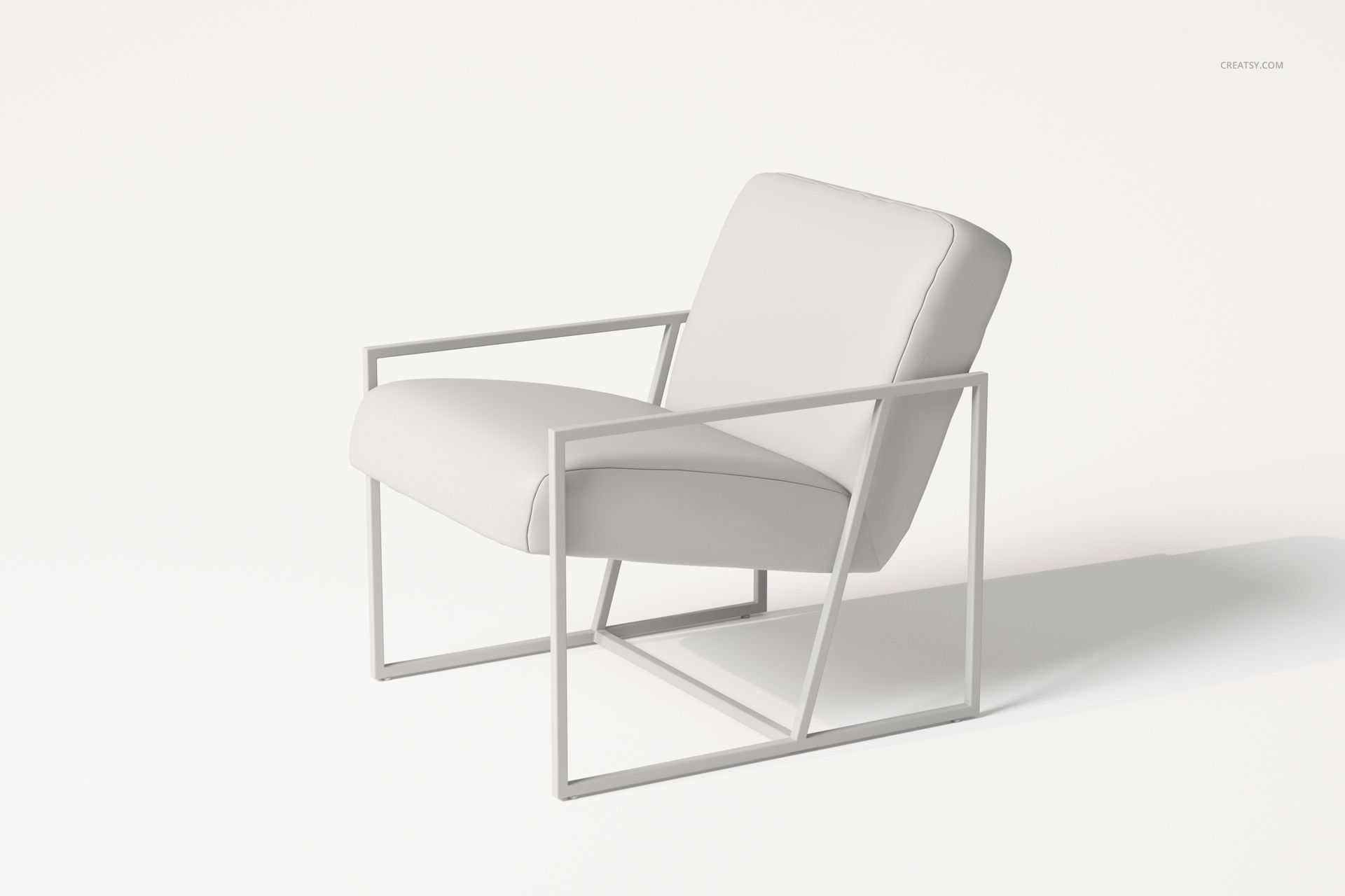 Modern armchair with angular metal frame and white cushioned seat, shown from a front-side perspective on white background.
