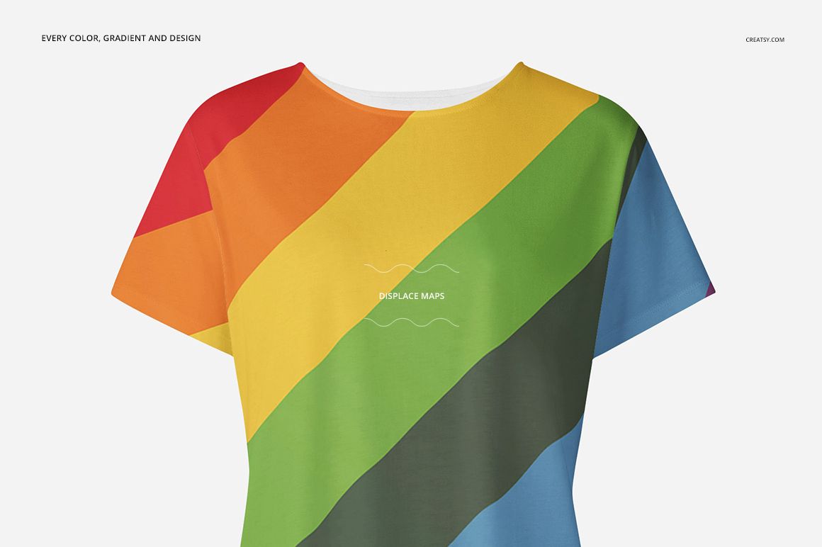 Front view of a women's longline t-shirt mockup with diagonal rainbow stripes on a white background.