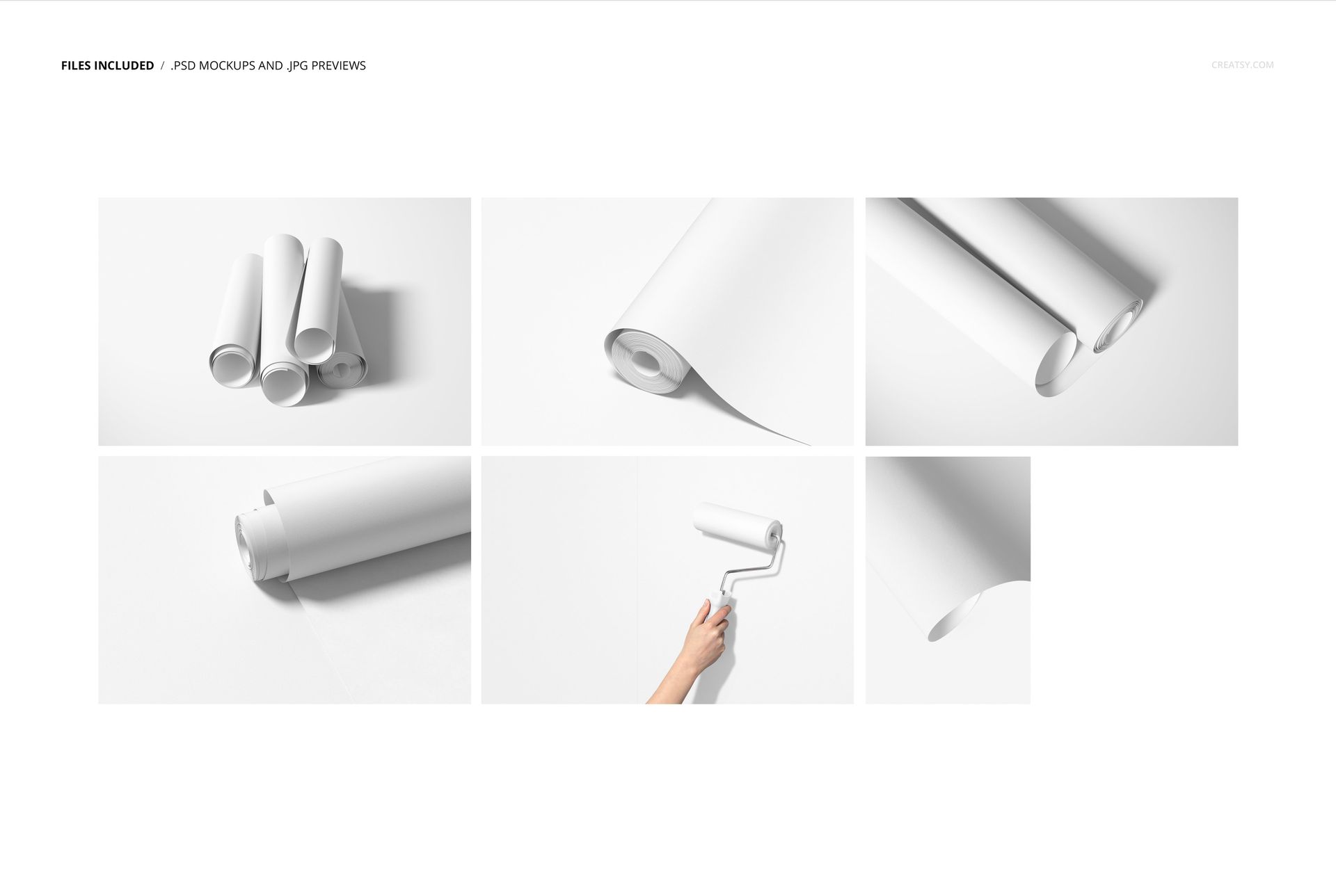 Paper wallpaper mockup set showing rolled and unrolled sheets in various arrangements on a white background.