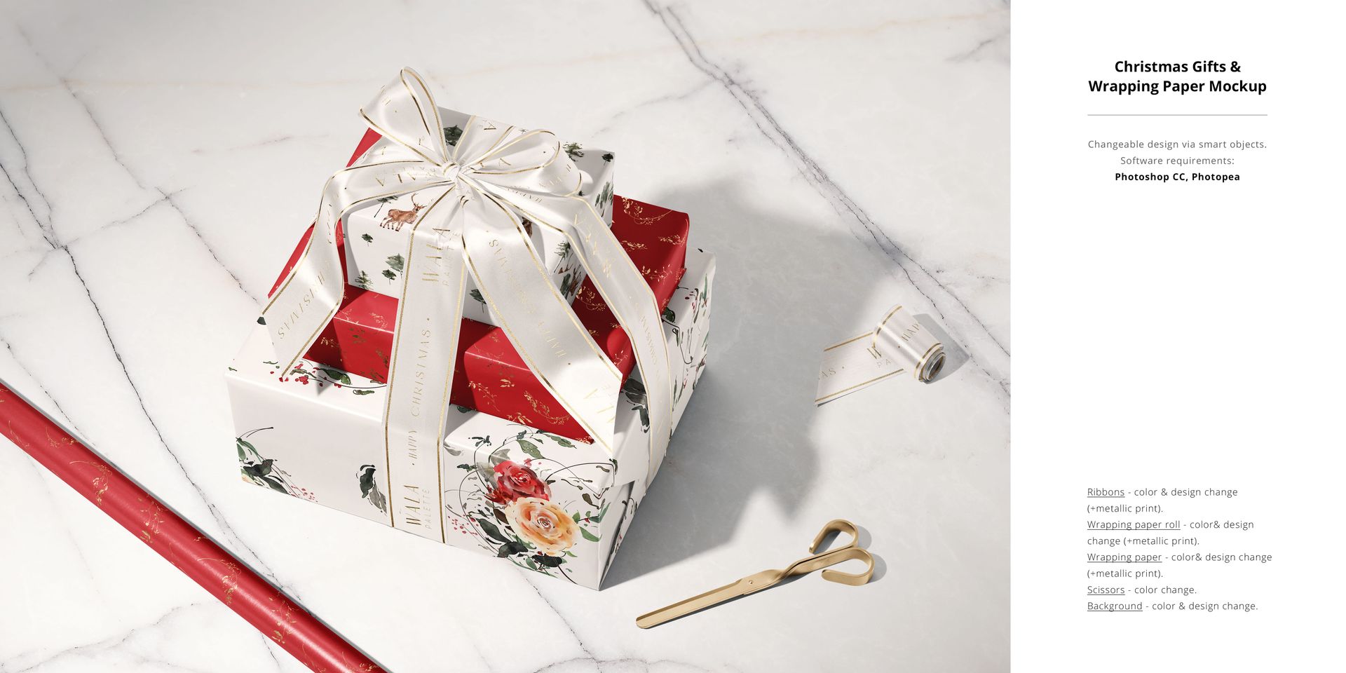 Christmas decor mockup featuring wrapped presents with floral patterns, ribbon bow, gold scissors, and festive props on a table.