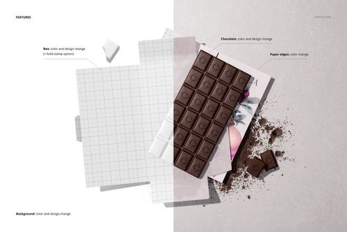Chocolate bar packaging mockup split into two halves, showing editable grid box and realistic chocolate bar on a light surface.