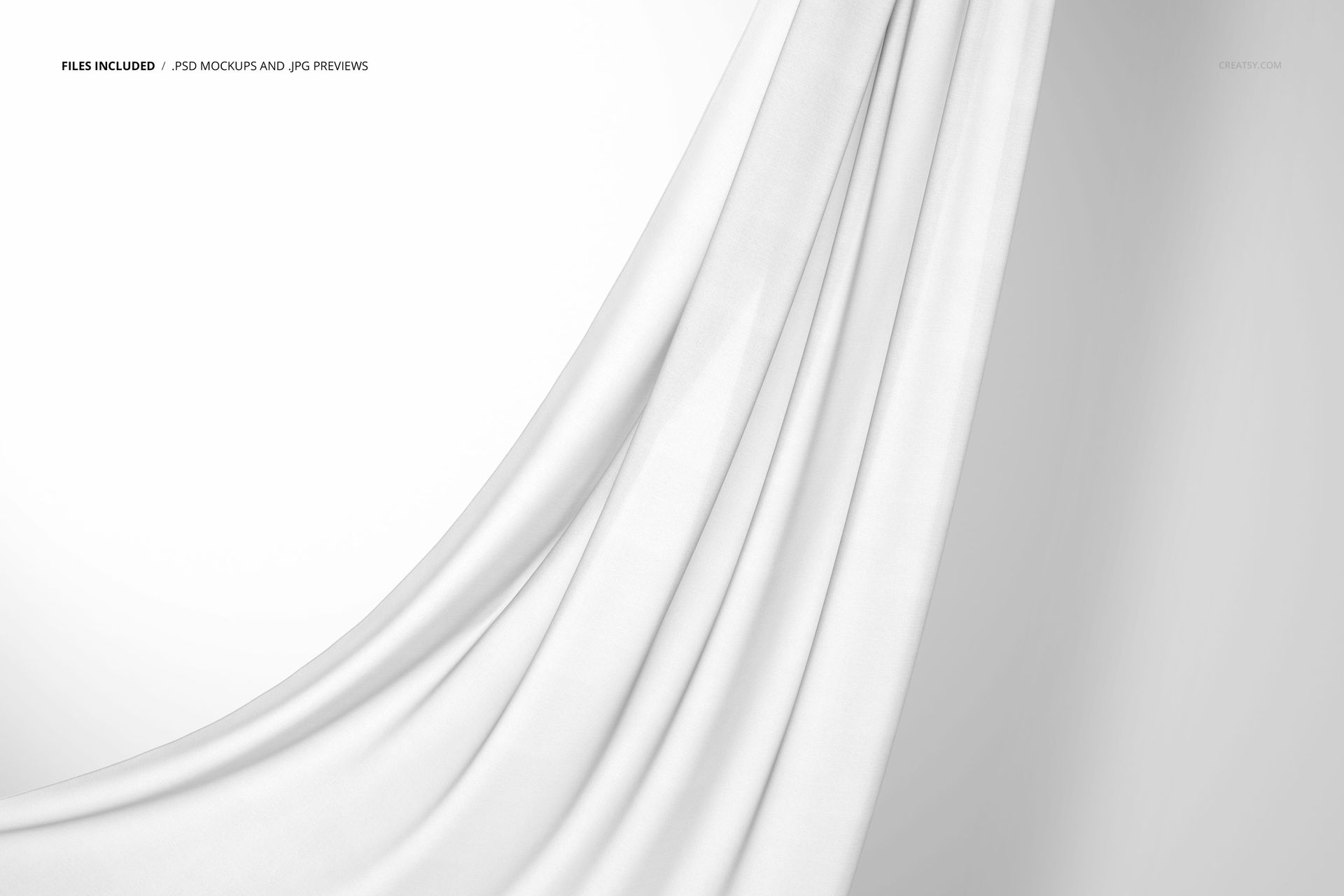 Close-up view of a white chiffon silk scarf mockup hanging against a plain light background, draped elegantly.