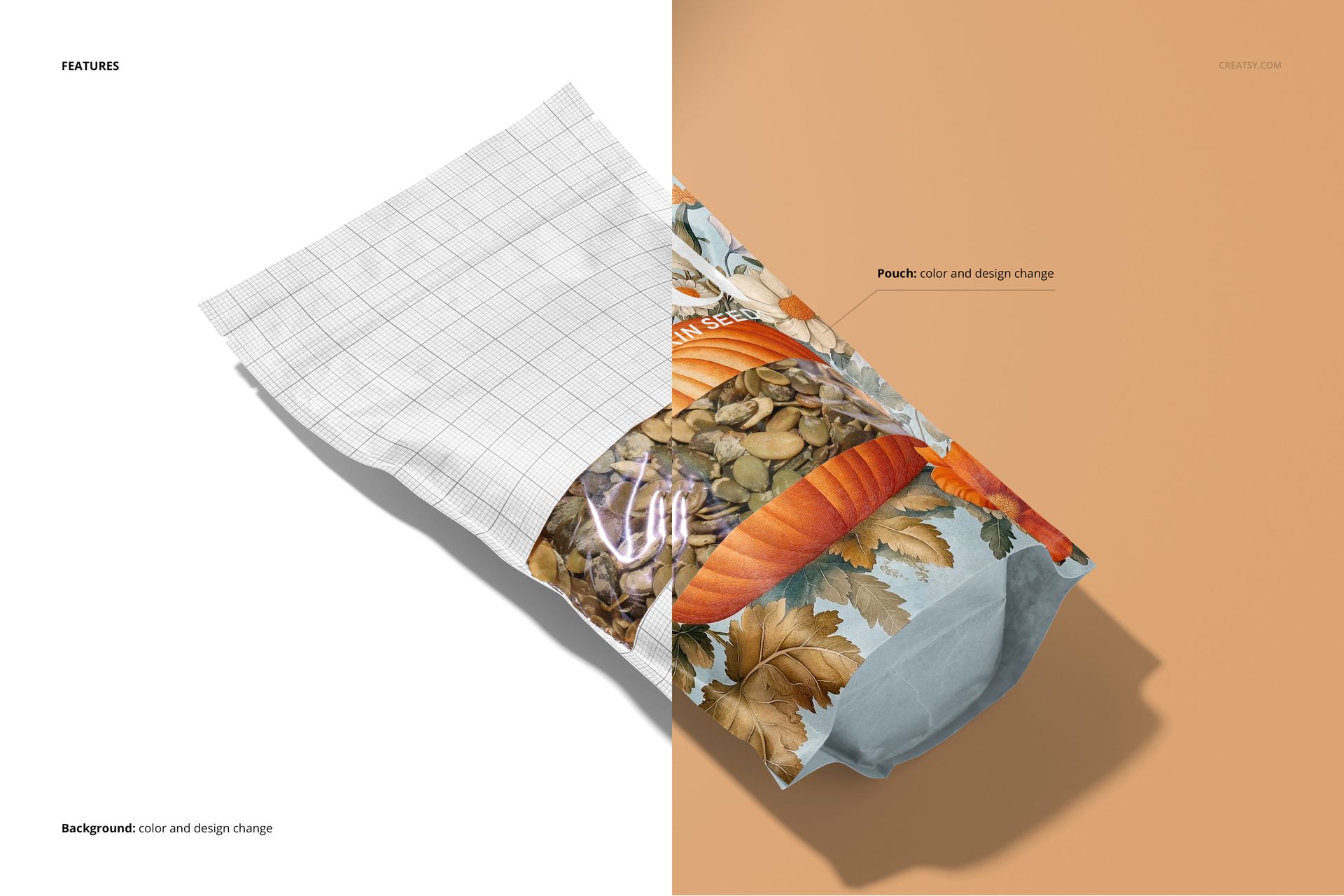 Pumpkin seeds paper pouch mockup displayed diagonally, with seasonal leaf and pumpkin patterns and clear seed window.