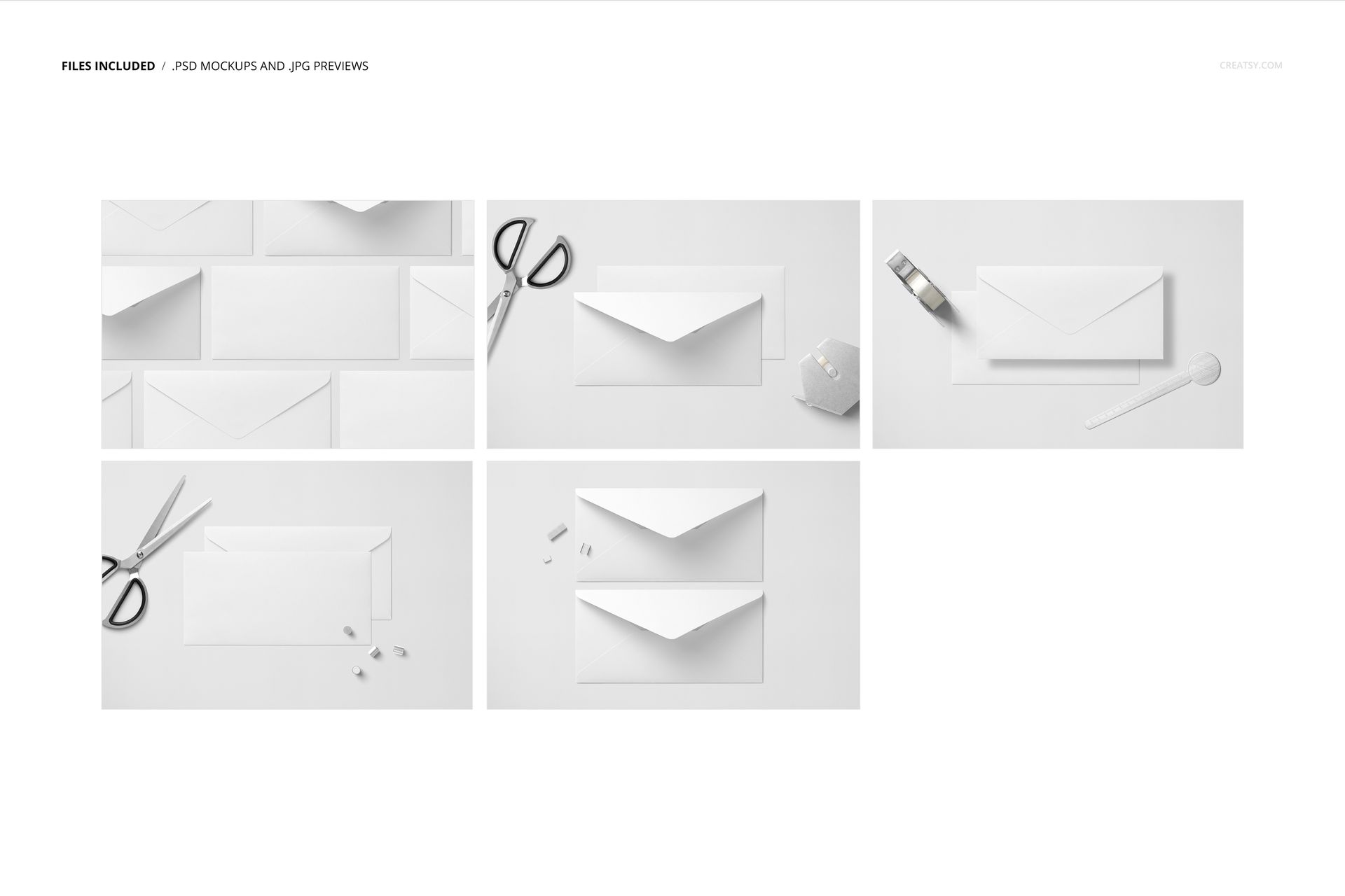 DL envelope mockup set featuring white envelopes displayed from top view with stationery props on a clean surface.