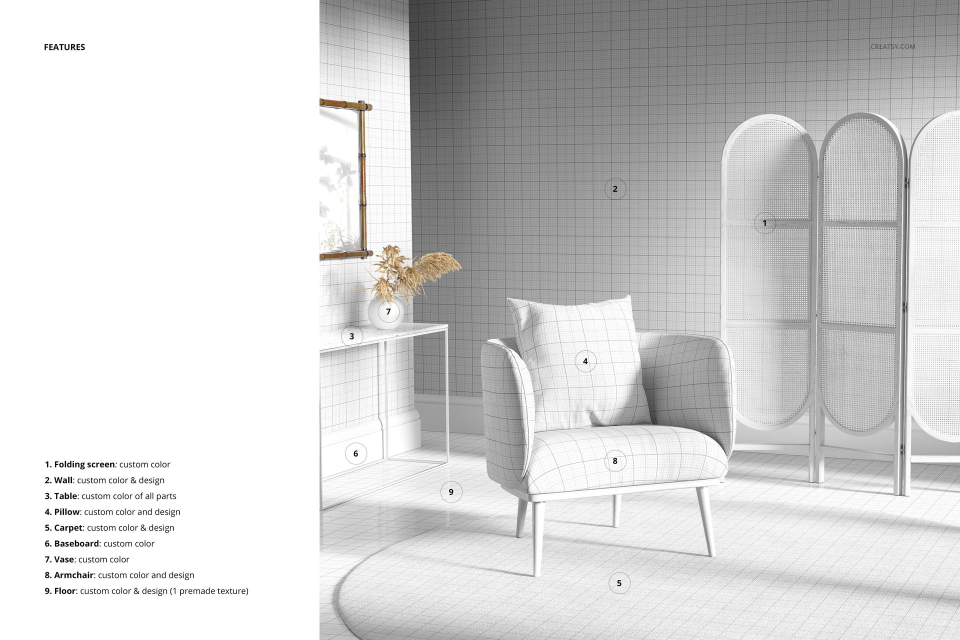 Front view of a sitting corner mockup featuring a modern armchair with grid pattern, neutral tones, and minimal decor.