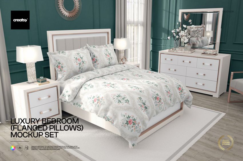 Luxury Bedroom Bedding Mockup Set (with flanged pillows) - mockup screenshot 1