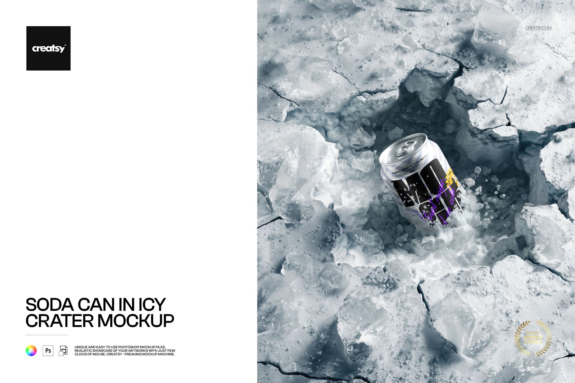 PSD mockup featuring a soda can partially embedded in a jagged ice crater with scattered frozen shards, angled perspective.