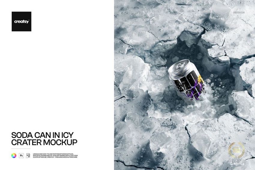 PSD mockup featuring a soda can partially embedded in a jagged ice crater with scattered frozen shards, angled perspective.