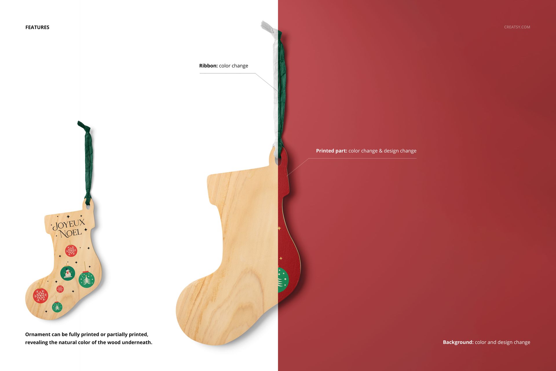 Christmas stocking-shaped wooden ornament mockup with printed and plain wood sections, front view on split background.