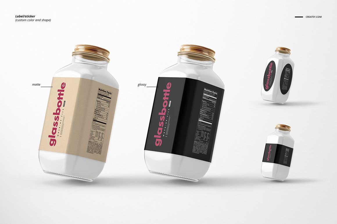 Front and angled views of glass bottles with gold lids, featuring matte and glossy label mockups in neutral colors.