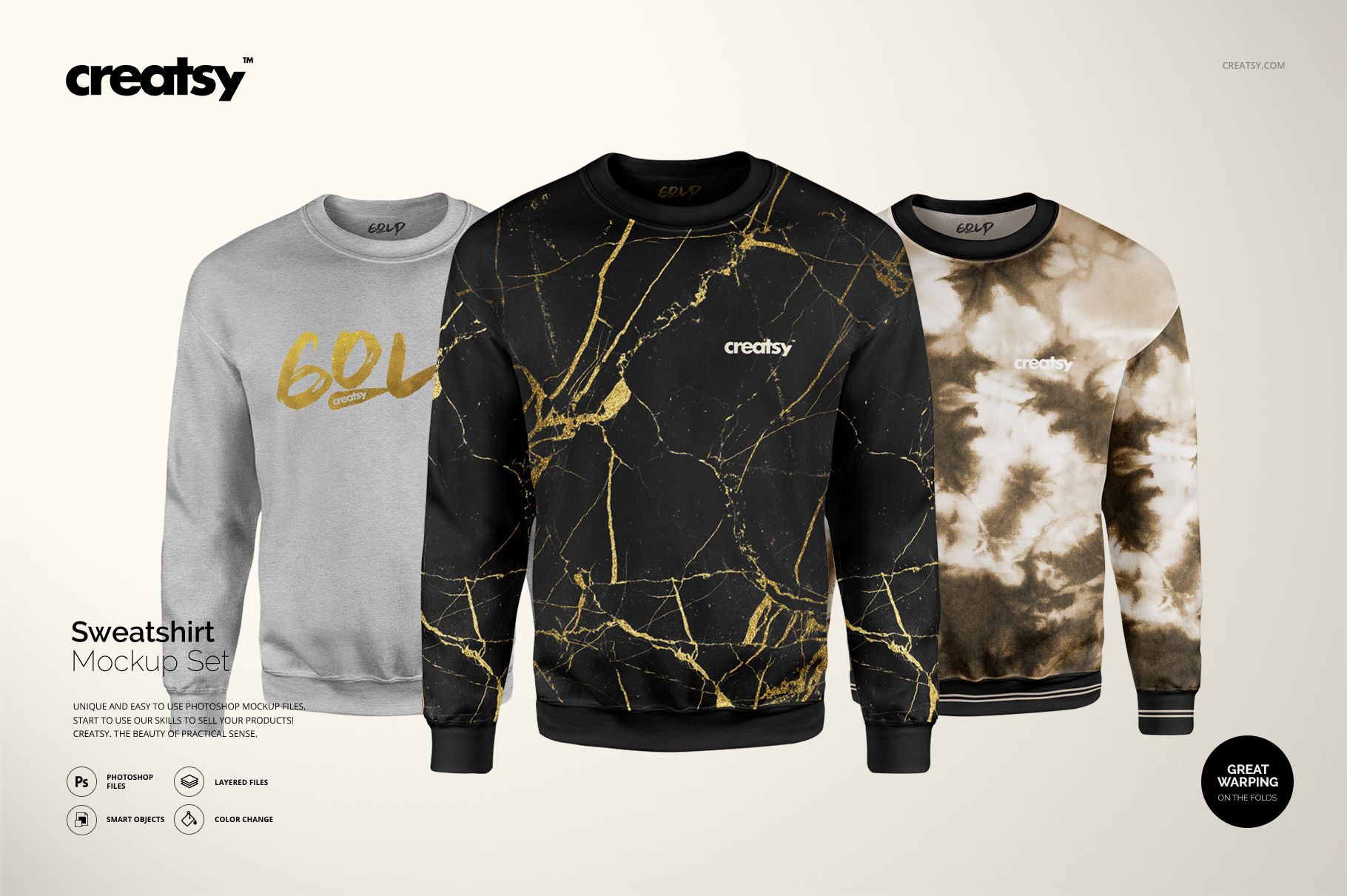 Front view of three adult sweatshirts in a PSD mockup set, featuring gray, black with gold marble, and beige tie-dye designs.