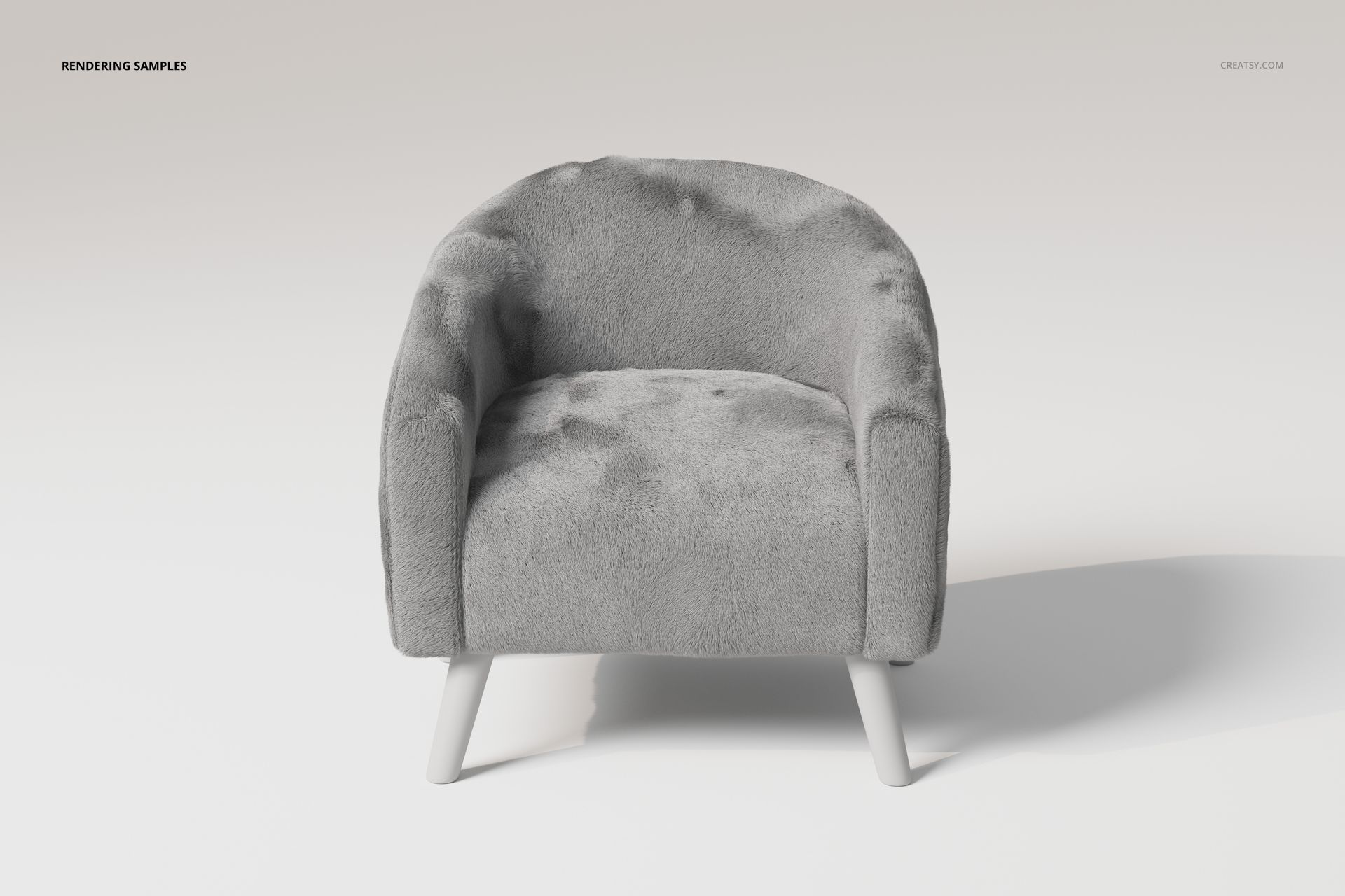 Front view of a lamb accent chair with soft, gray fur texture and rounded arms, set against a plain background.