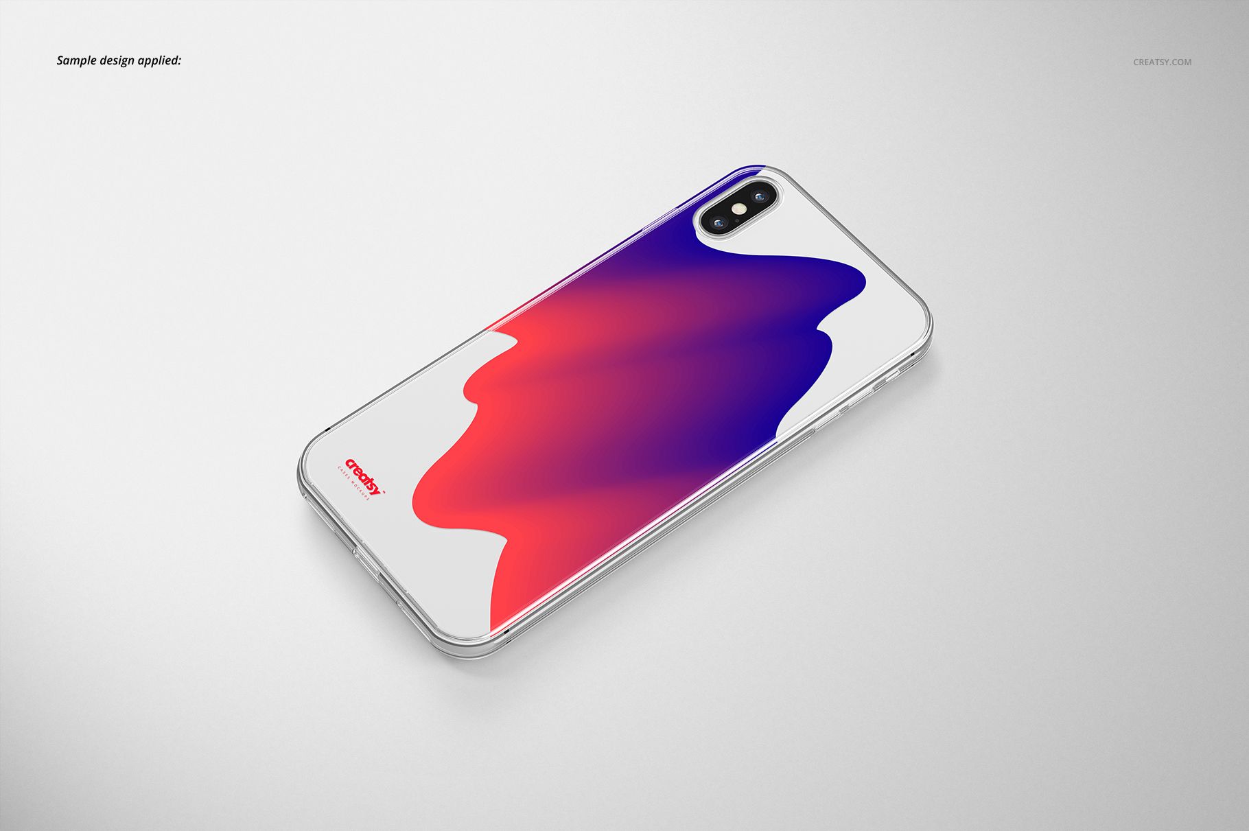 Clear iPhone XS Max case mockup featuring a white phone with abstract red and purple gradient design, angled top view.