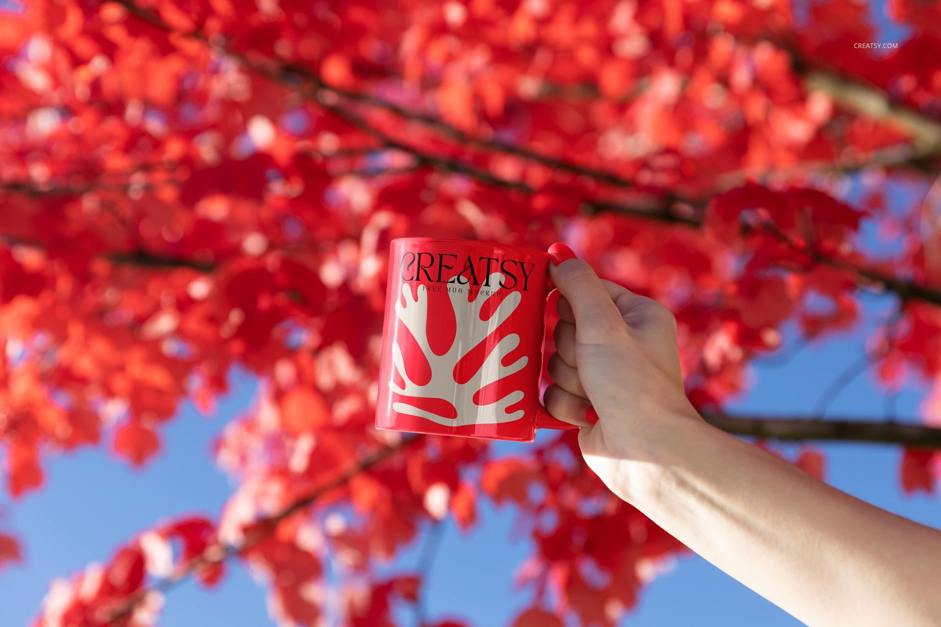 Hand holding a red mug with a white abstract pattern outdoors, with vibrant red autumn leaves and blue sky in background.