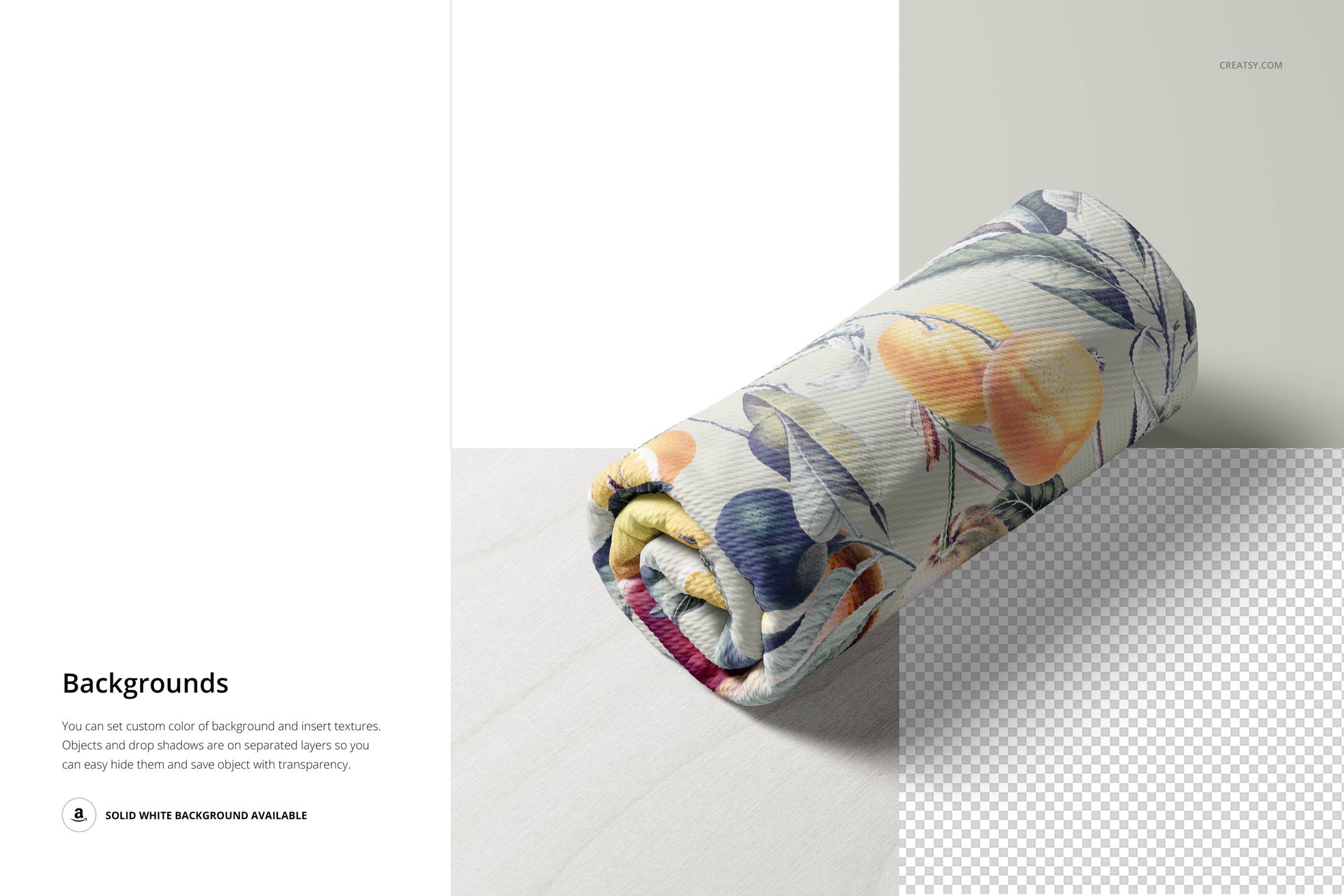 Front view of a rolled fabric mockup with orange, yellow, and green fruit design, set against a minimalist background.