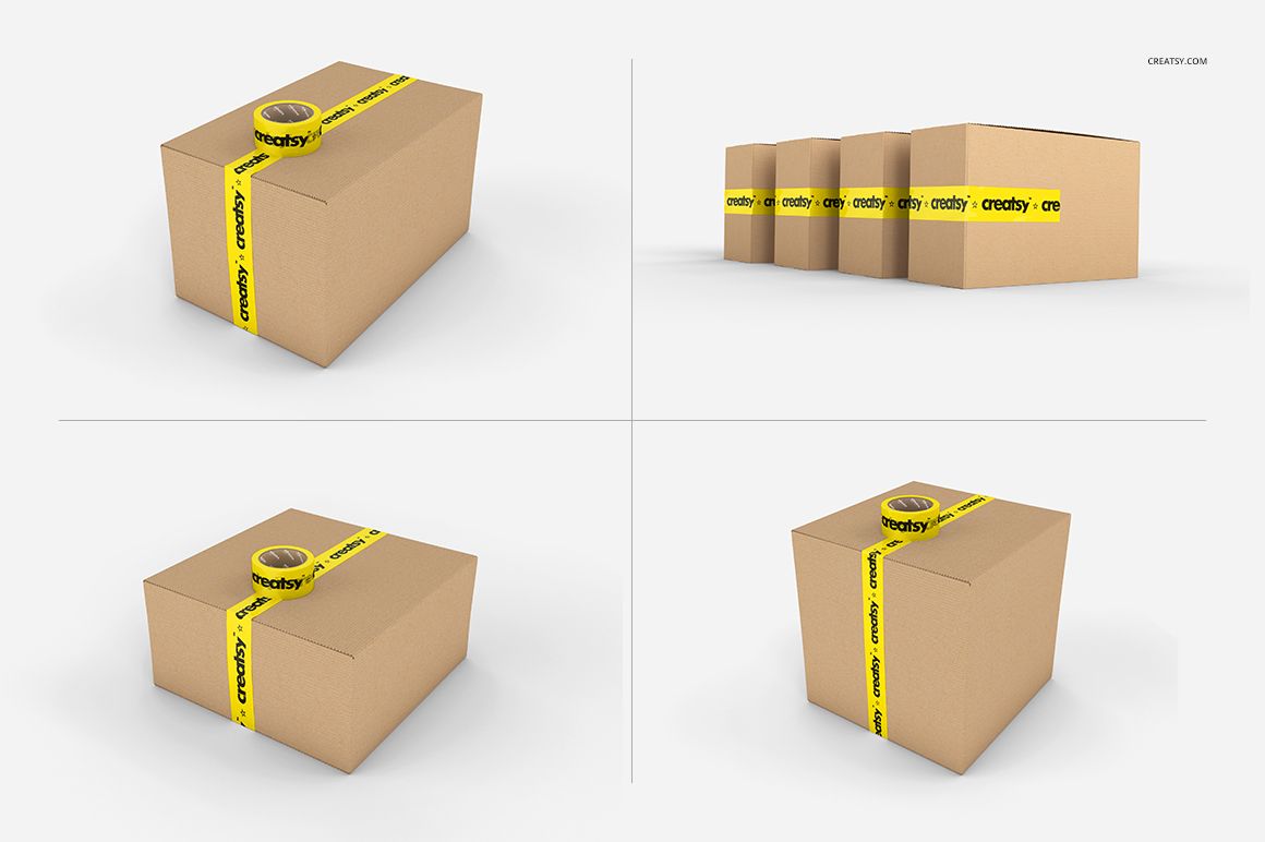 Set of brown packaging boxes with yellow printed tape, displayed in various perspectives for mockup presentation.
