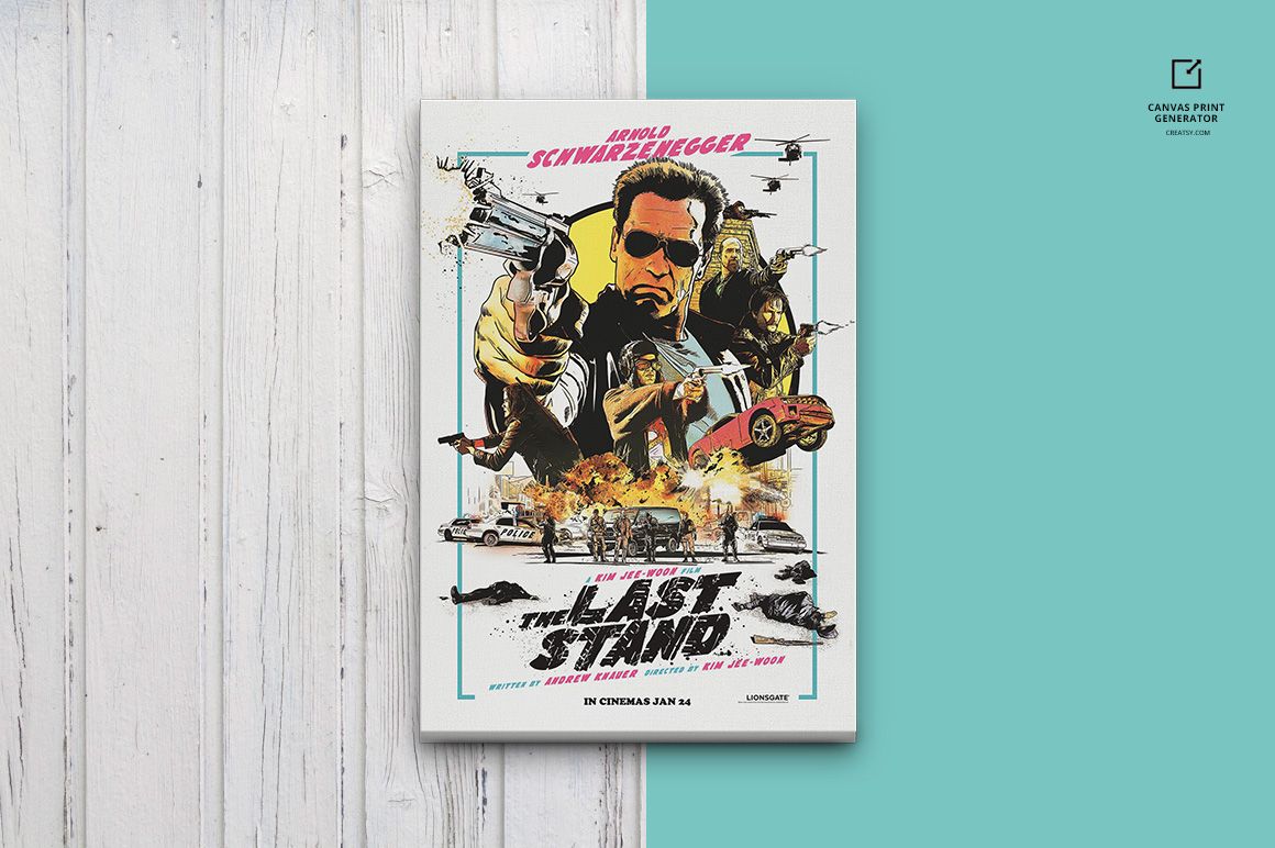 Rectangular canvas print mockup with illustrated action scenes, shown against a split white wood and teal backdrop.