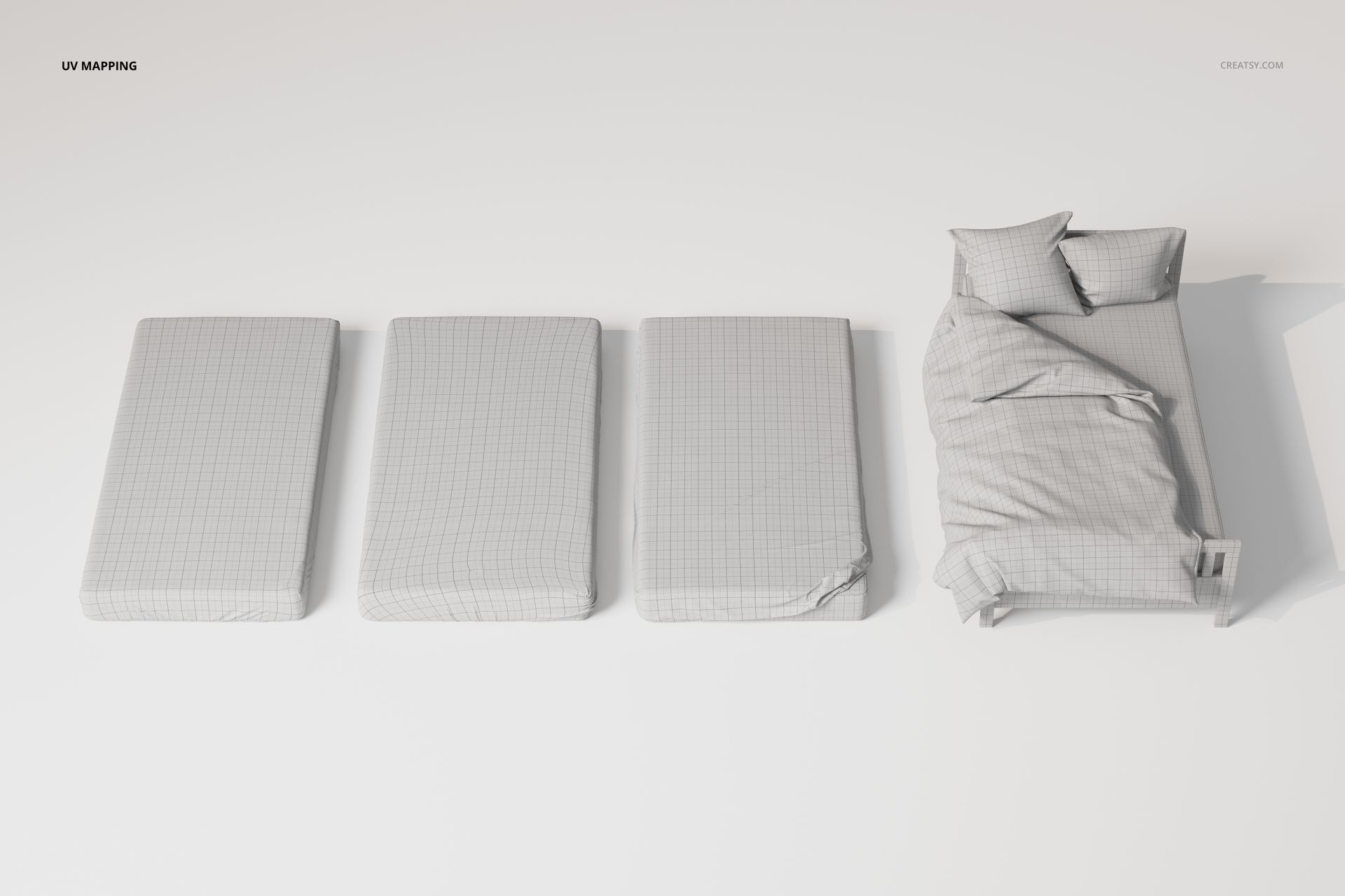 Twin bed with three types of bed sheets displayed side by side, shown from a top view on a white background.