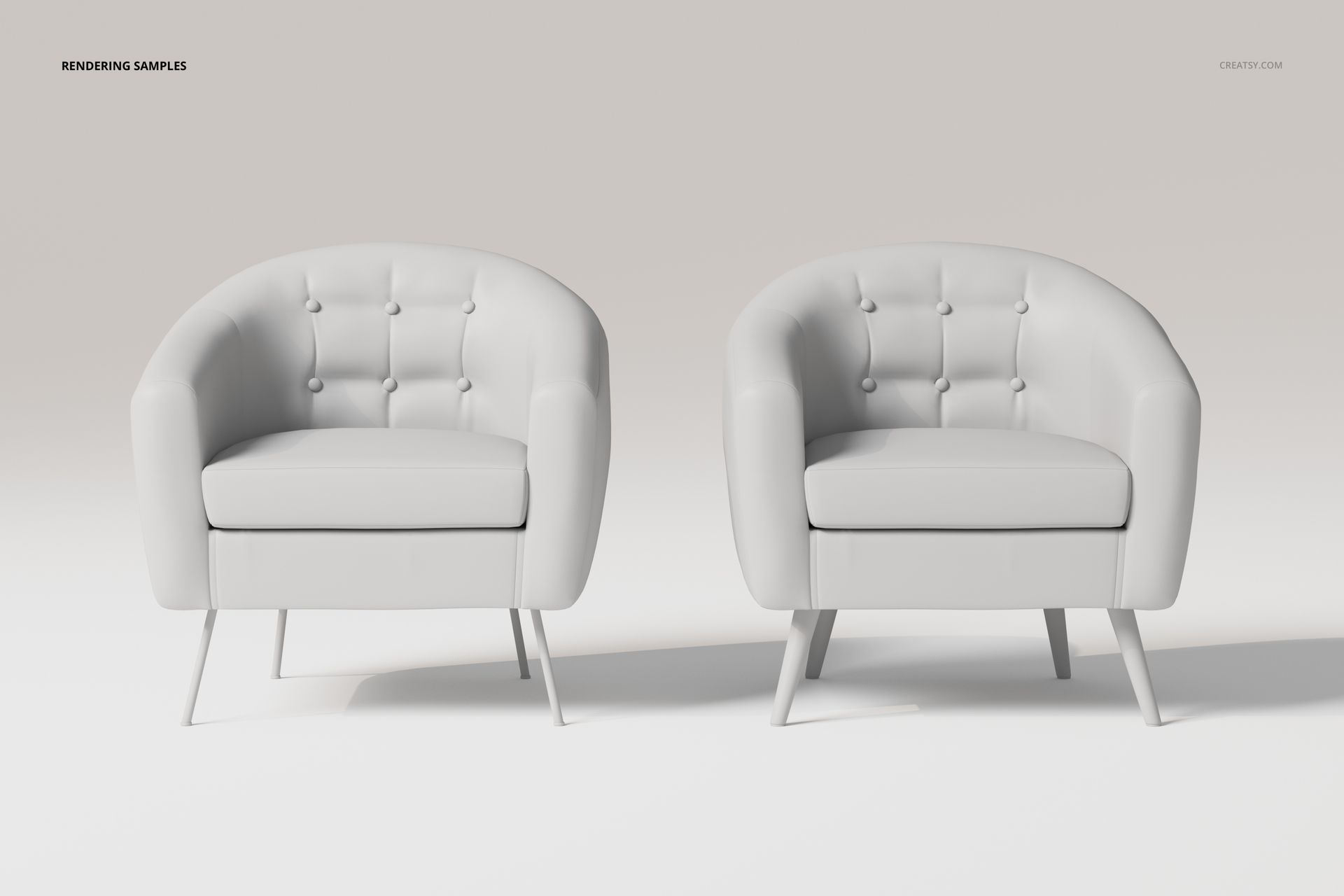 Front view of two button upholstered armchairs in light gray, featuring tufted backs and angled metal legs on a plain background.