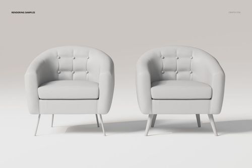 Front view of two button upholstered armchairs in light gray, featuring tufted backs and angled metal legs on a plain background.