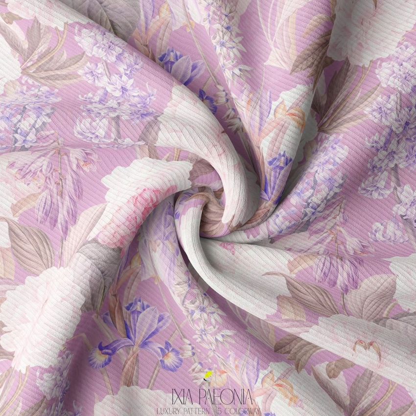 Rib knit fabric mockup featuring a close-up of pastel floral patterns in pink, purple, and beige, twisted at the center.