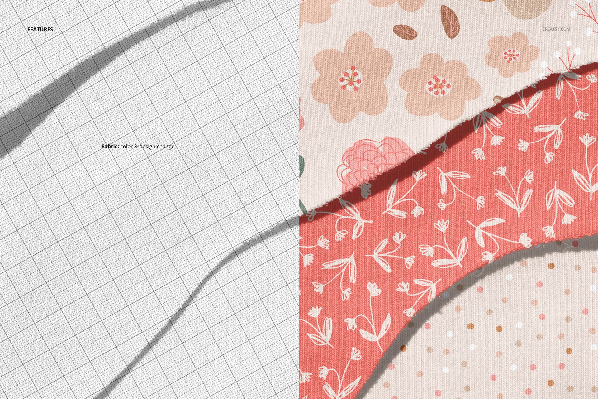 PSD mockup showing multiple jersey fabric pieces with jagged edges, floral motifs, and neutral backgrounds from above.