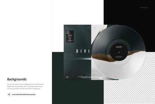 Front view of a vinyl record and cover mockup with split effect, featuring dark and transparent sections on a geometric background.