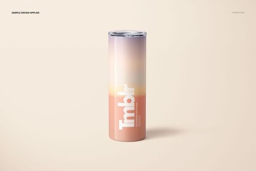 Front view of a 20oz skinny tumbler with a gradient pastel design, standing upright on a light beige surface.