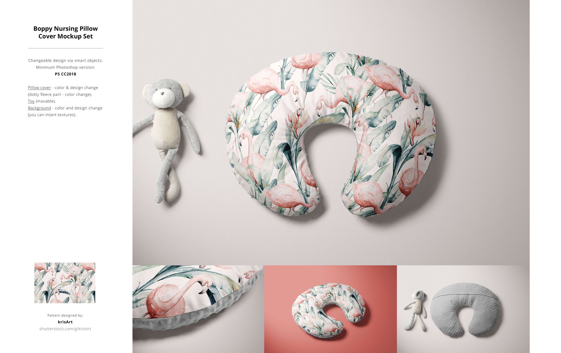 PSD mockup showing a decorative baby pillow with a tropical design, displayed next to a gray stuffed animal.
