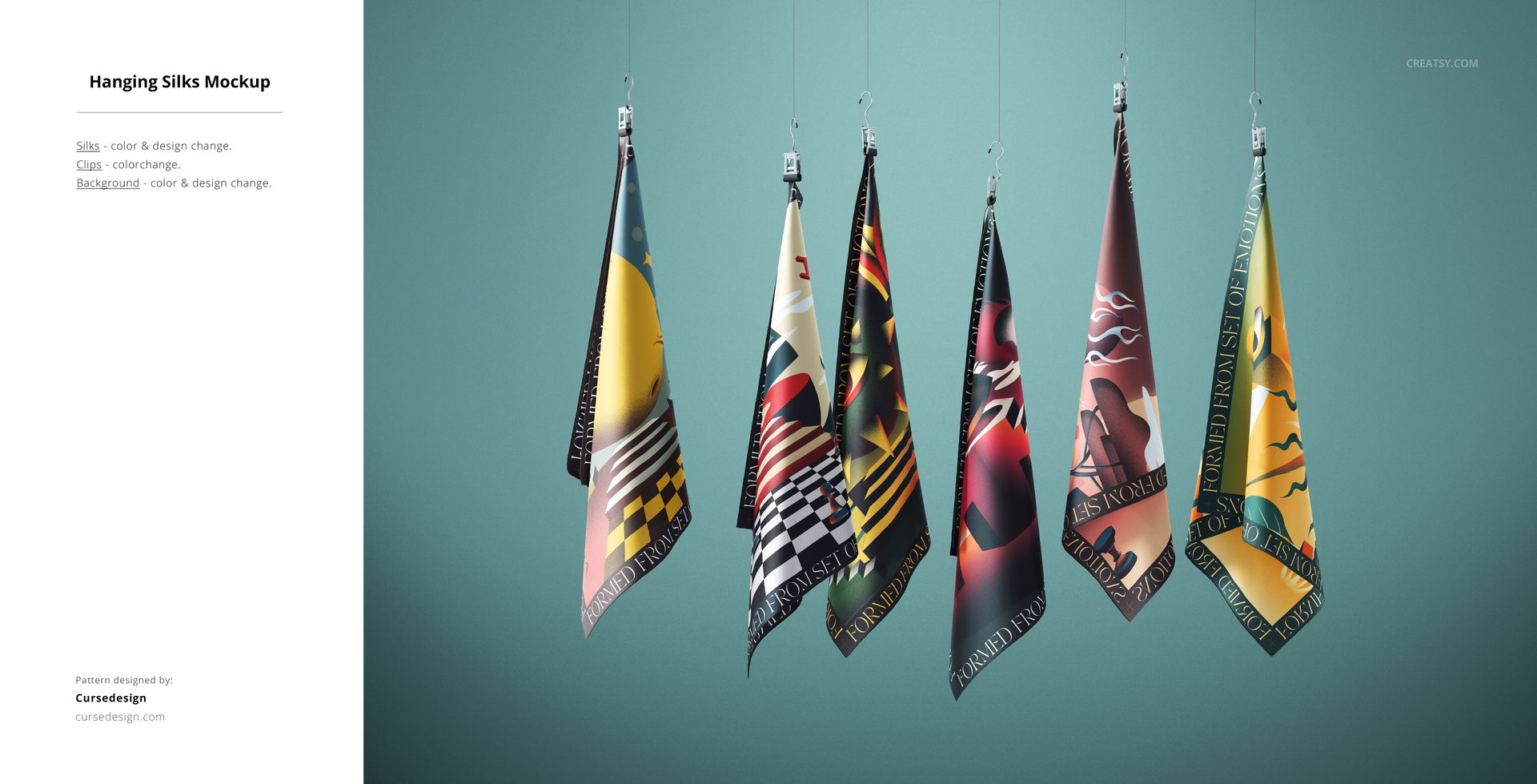 PSD mockup of hanging silk textiles with various vibrant patterns, displayed in a well-lit studio setting.