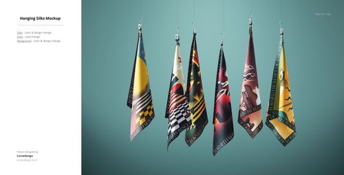 PSD mockup of hanging silk textiles with various vibrant patterns, displayed in a well-lit studio setting.