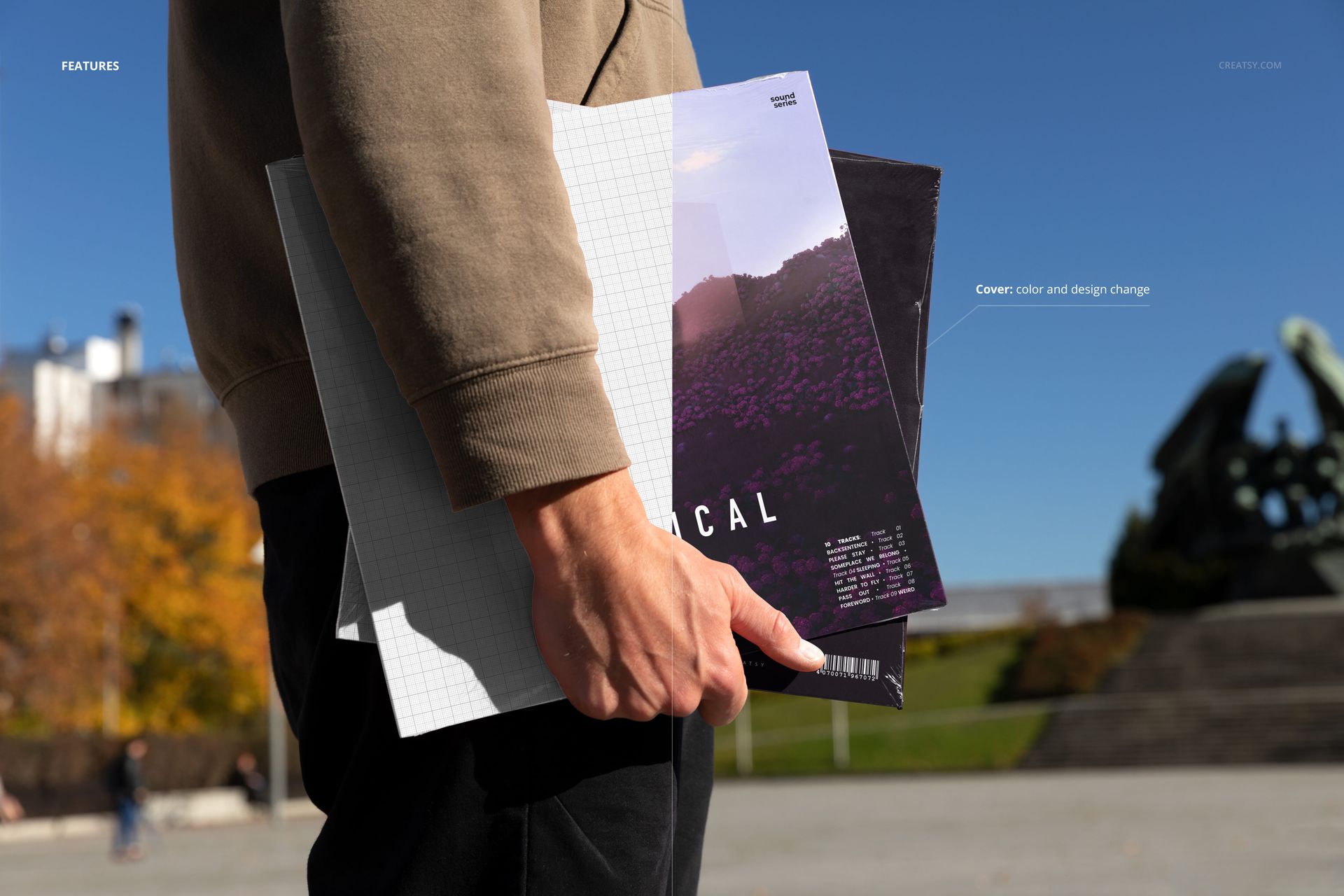 Outdoor scene with a man carrying multiple vinyl record album covers, displayed in a PSD mockup format with different cover designs.