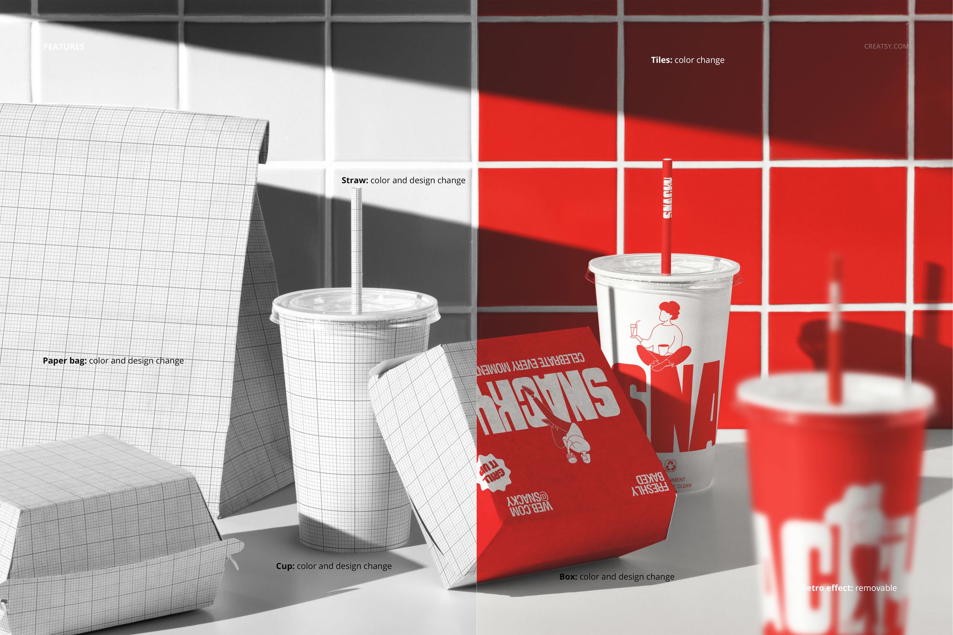 Fast food restaurant burger packaging mockup showing paper bags, cups, and boxes with grid patterns on a table.