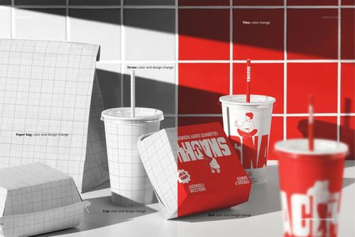 Fast food restaurant burger packaging mockup showing paper bags, cups, and boxes with grid patterns on a table.