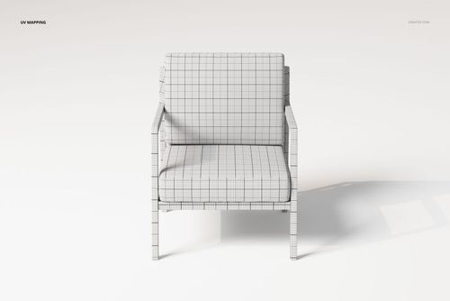 Front view of a modern lounge chair 3D model with grid pattern UV mapping, set against a plain white background.