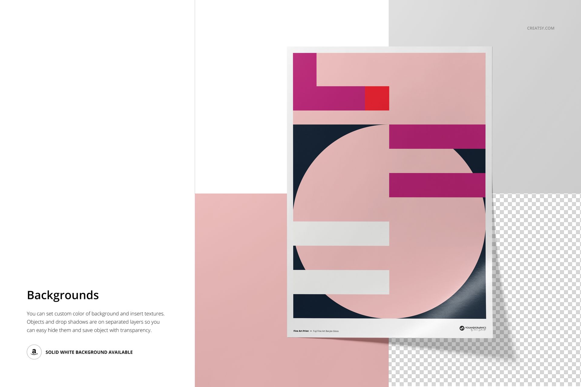 A3 fine art print mockup featuring a geometric abstract design with pink, purple, and white shapes on a glossy paper.