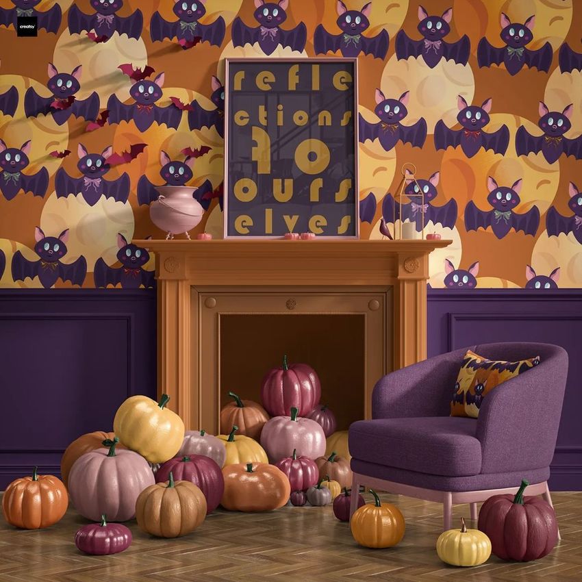Halloween themed interior mockup featuring a fireplace with a framed poster, colorful pumpkins, and bat wallpaper.