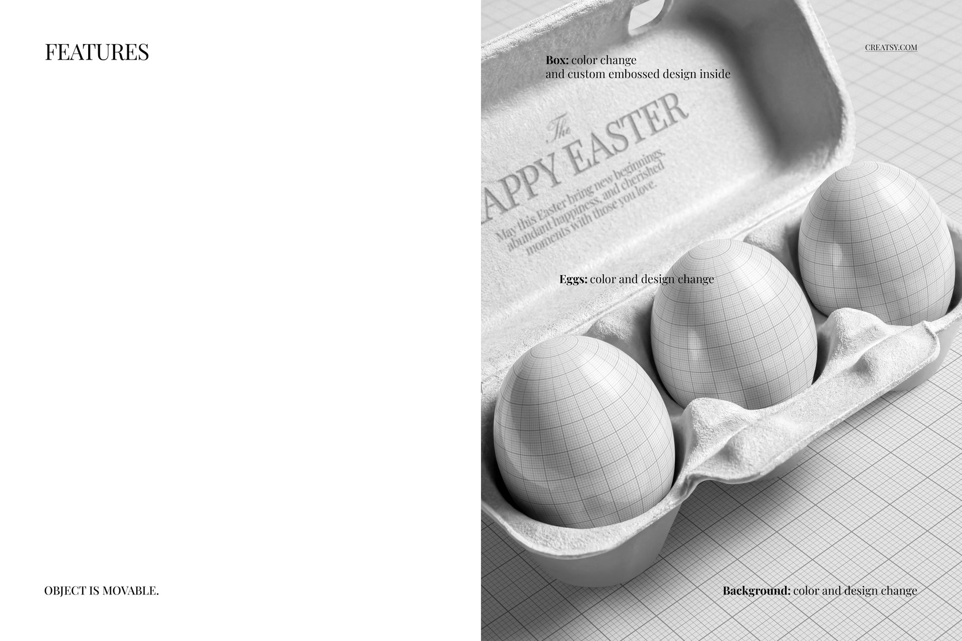 Three Easter eggs with grid patterns placed in a carton packaging, shown from a front angled perspective in a mockup.