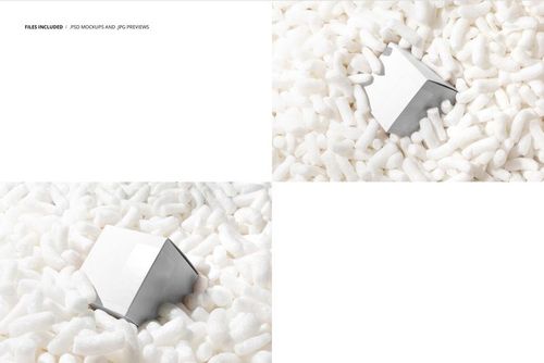 White square box nestled among white packaging peanuts, displayed in two perspectives for a packaging mockup scene.
