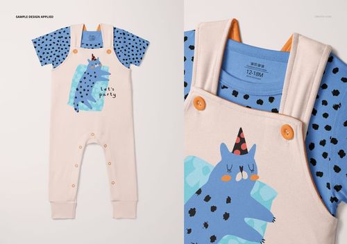 Toddler short sleeve t-shirt and overalls mockup set with playful blue and black spotted pattern, front view.