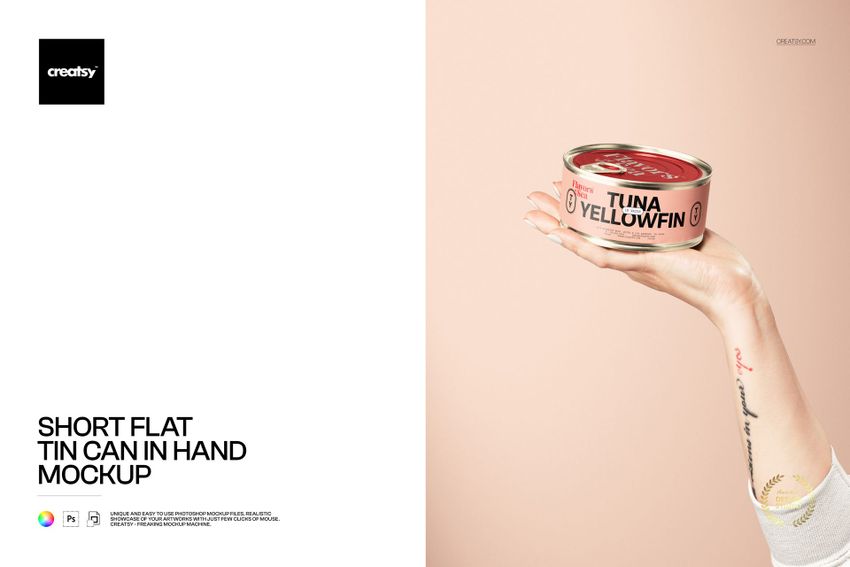 Free Short Flat Tin Can in Hand Packaging PSD Mockup - mockup screenshot 1