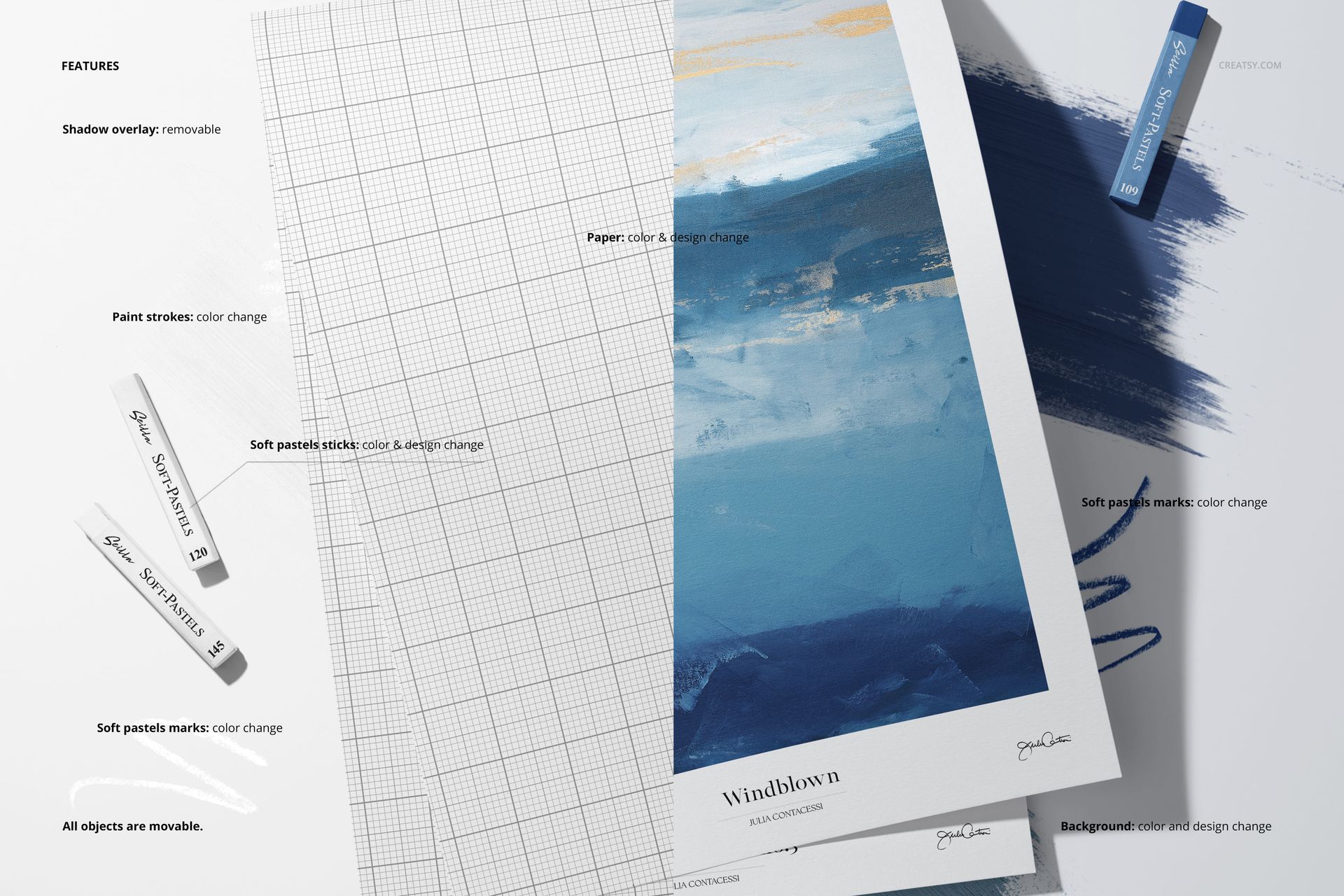 PSD mockup showing soft pastel sticks and decorative paper with blue abstract painting, viewed from above.