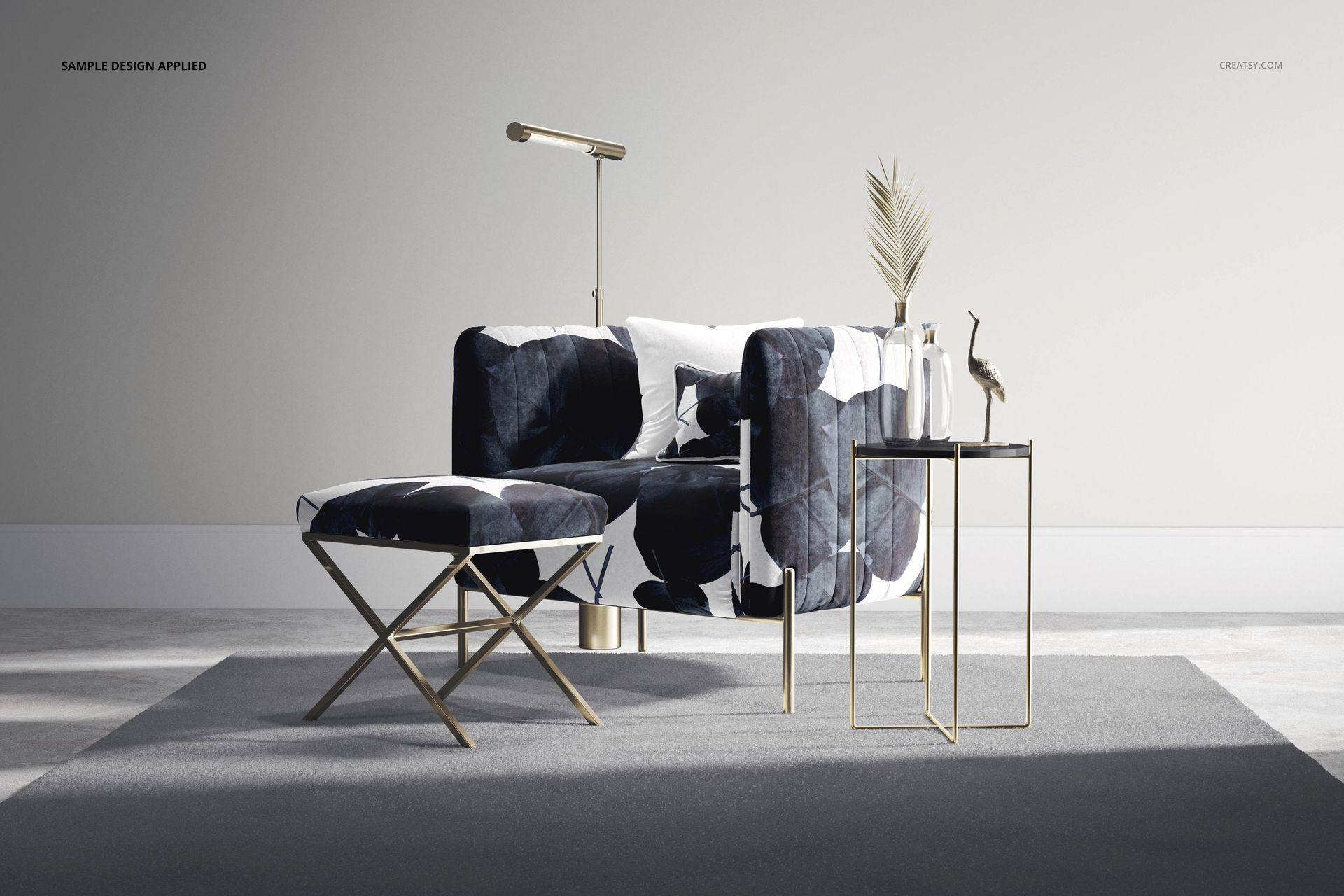 Glamour velvet armchair and stool mockup featuring a geometric pattern, gold accents, and neutral decor elements.