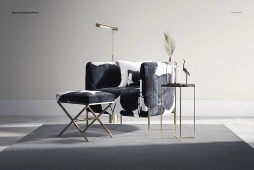 Glamour velvet armchair and stool mockup featuring a geometric pattern, gold accents, and neutral decor elements.