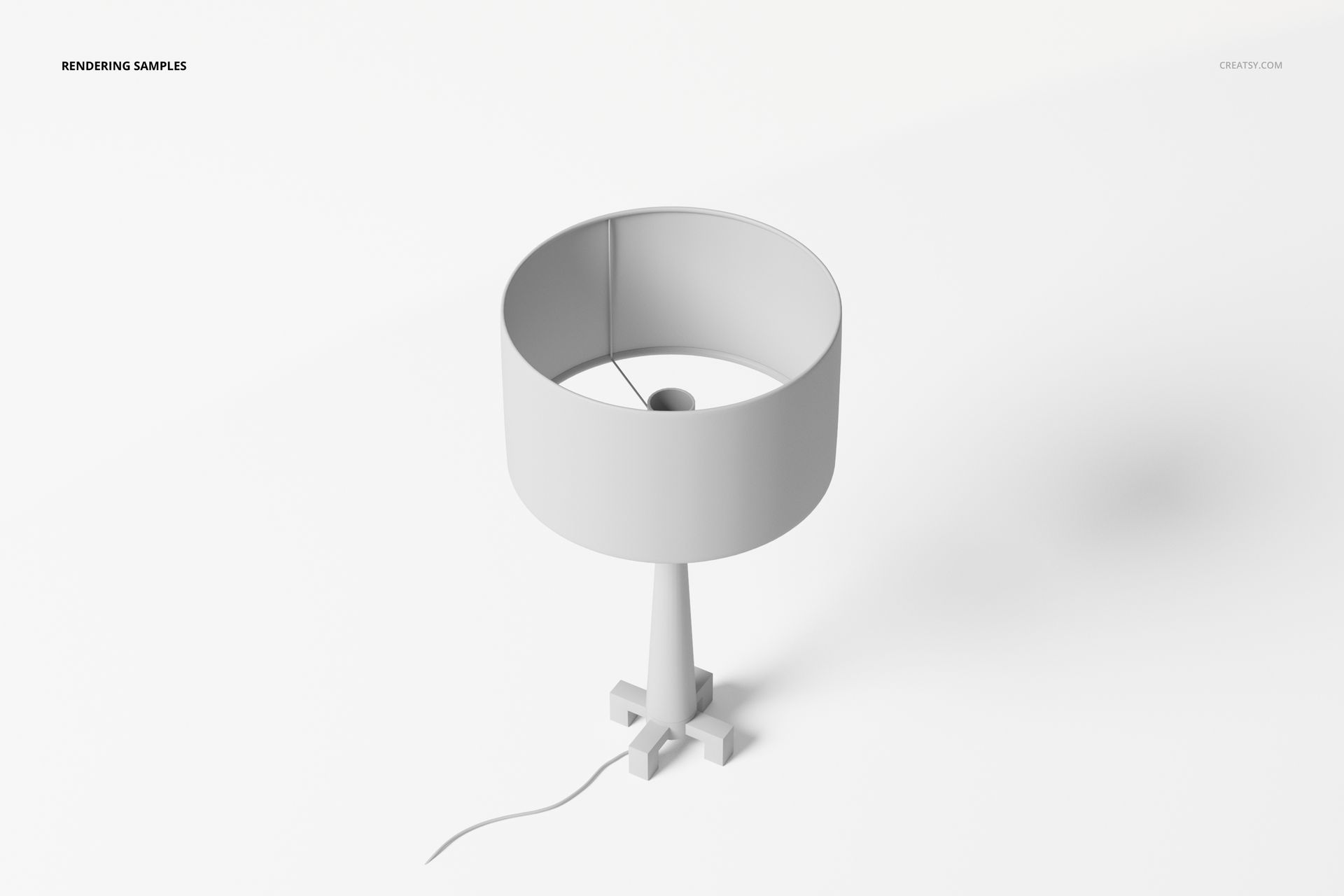 Minimalist drum table lamp with cylindrical shade and tripod base, shown in a top angled view on a white background.